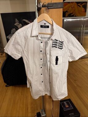 Women’s White Short-Sleeve Button-Down Shirt with Tokyo Graphic